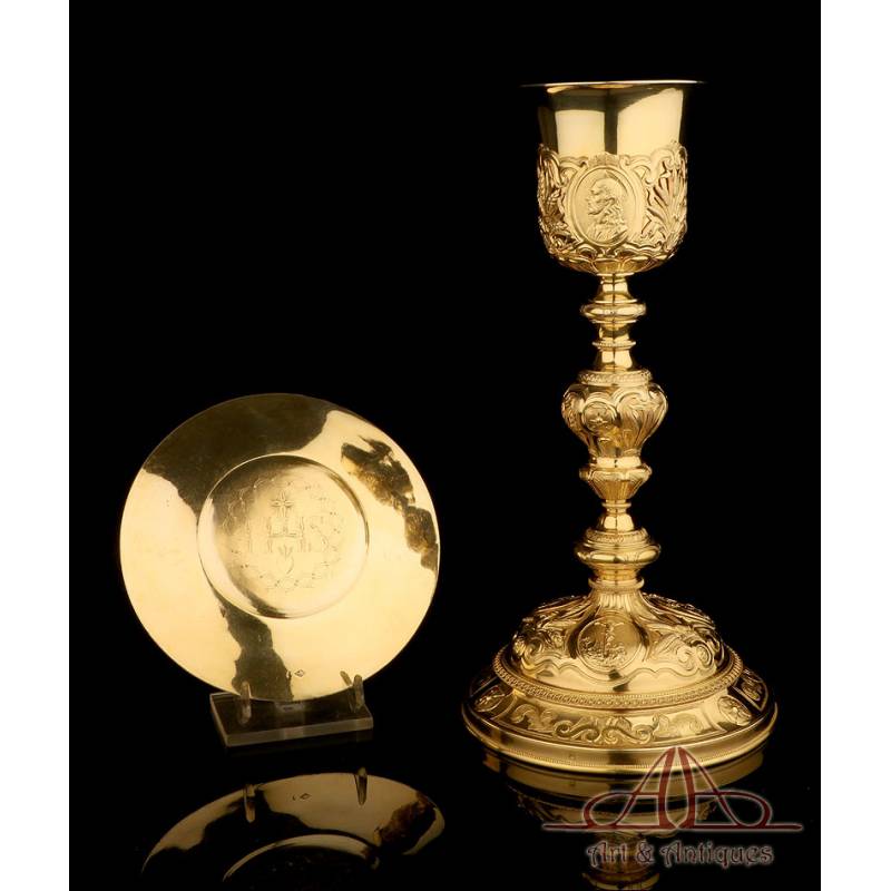 Extraordinary Antique Gilded Chalice and Paten. France, 19th Century