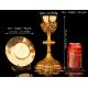 Antique Neo Gothic Chalice and Paten. Gold-Plated Silver and Metal. Spain, 1898