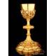 Antique Neo Gothic Chalice and Paten. Gold-Plated Silver and Metal. Spain, 1898