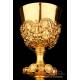 Antique Neo Gothic Chalice and Paten. Gold-Plated Silver and Metal. Spain, 1898