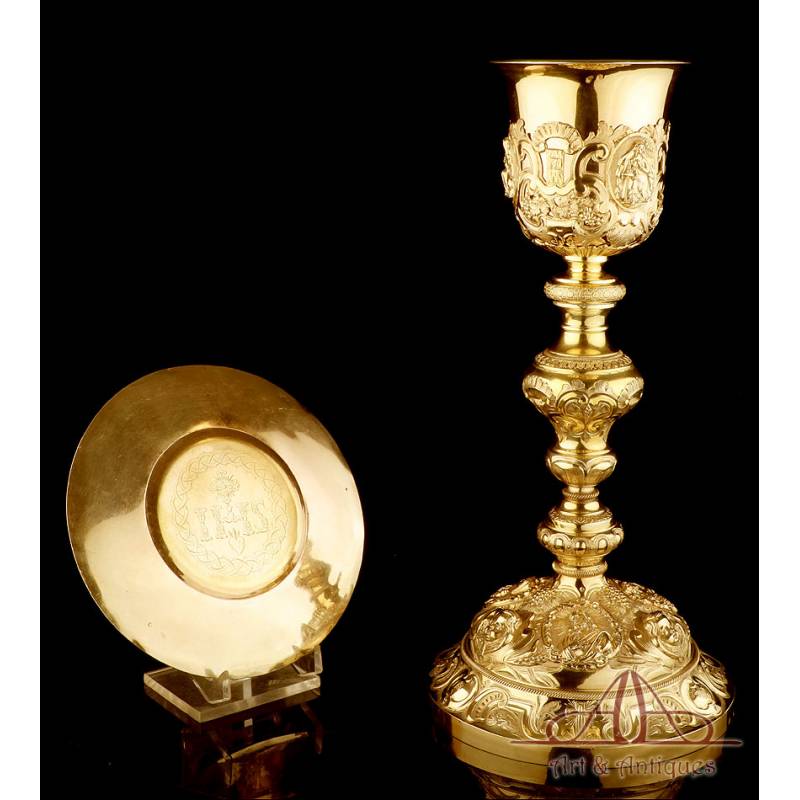 Amazing Antique Gold-Plated Silver Chalice and Paten. France, 19th Century