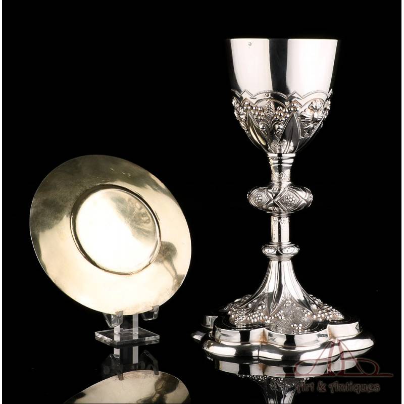 Antique Silver Chalice and Paten Set. France, 19th Century