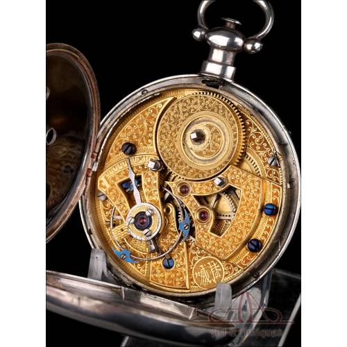 Antiguo Reloj de Bolsillo Chino para Capitán de Barco. Plata. Raro Escape Dúplex. Suiza, Circa 1870