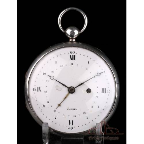 Antiguo Reloj de Bolsillo Vauchez de Plata Extraplano. Calendario. Francia, 1800-1810