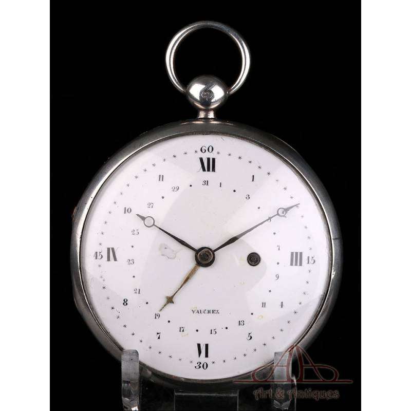 Antiguo Reloj de Bolsillo Vauchez de Plata Extraplano. Calendario. Francia, 1800-1810