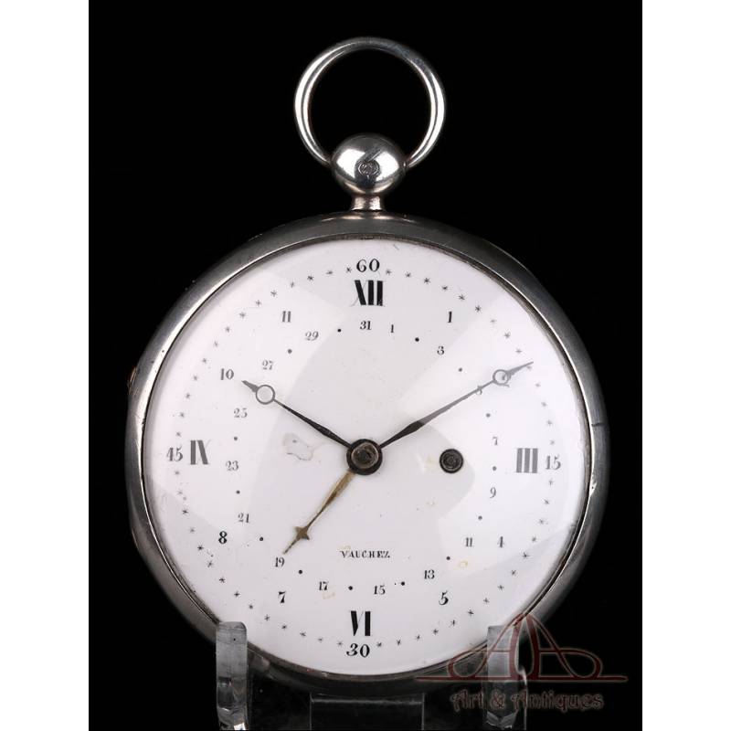 Antique Ultra Slim Vauchez Silver Pocket Watch with Calendar. France, 1800-1810