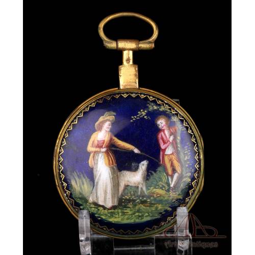 Antiguo Reloj de Bolsillo Catalino con Esmalte de Leton. Francia, Circa 1820