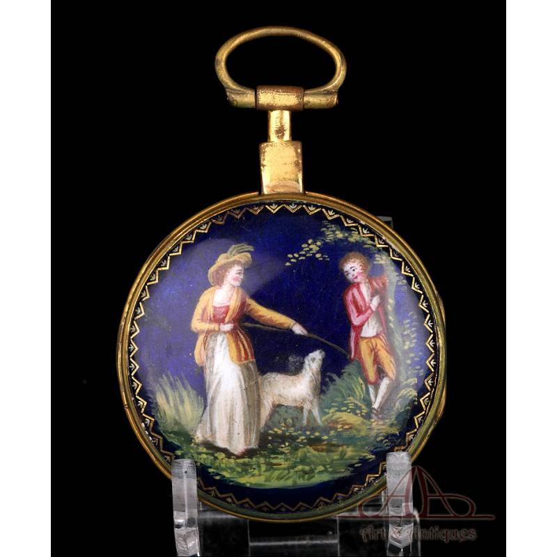 Antiguo Reloj de Bolsillo Catalino con Esmalte de Leton. Francia, Circa 1820