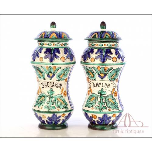 Pair of Antique Ceramic Pharmaceutical Vases. 15 in / 38 cm. Circa 1900
