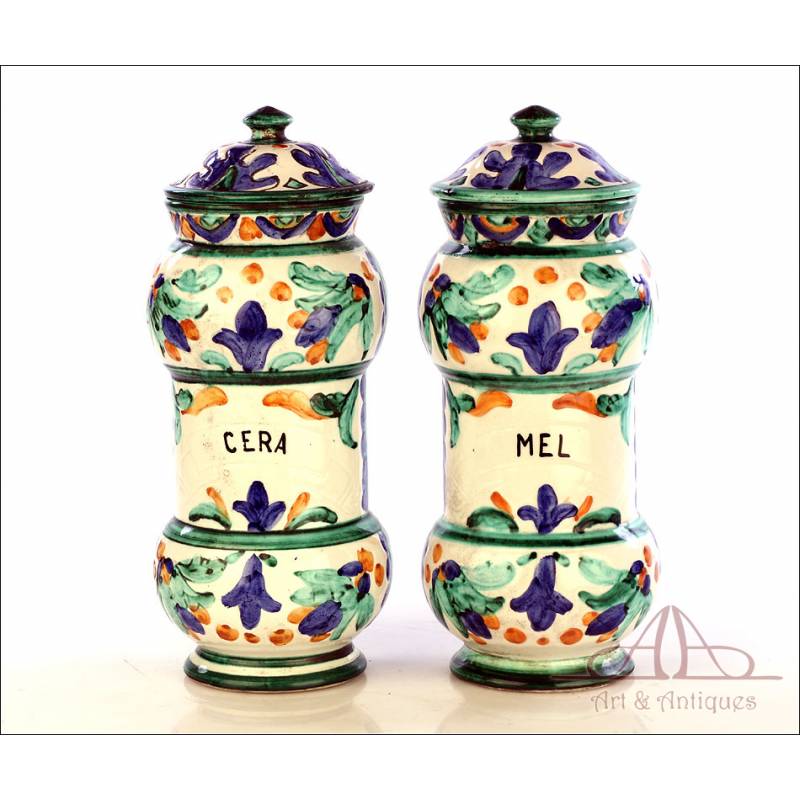 Pair of Antique Pharmaceutical Ceramic Vases. 13.8 in / 35 cm. Circa 1900