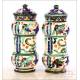 Pair of Antique Pharmaceutical Ceramic Vases. 13.8 in / 35 cm. Circa 1900