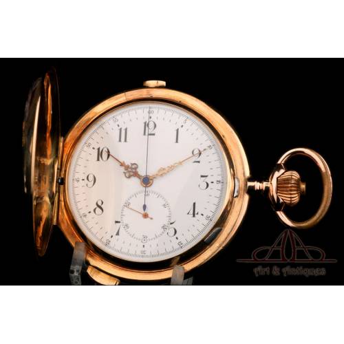 Antique Quarter Repeater Pocket Watch. Triple Chime + Chrono. 14K Gold. 65 mm. Circa 1900