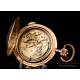 Antique Quarter Repeater Pocket Watch. Triple Chime + Chrono. 14K Gold. 65 mm. Circa 1900