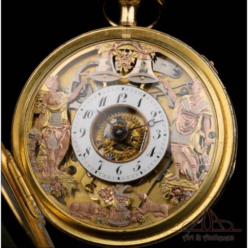 Antique Verge Fusee Skeleton Automaton Quarter-Repeater Pocket Watch. France, 1820