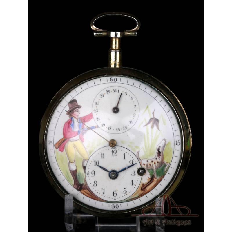 Antiguo Reloj de Bolsillo Catalino con Calendario y Segundero Central. Francia, 1820