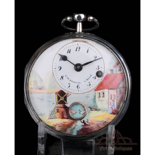 Antiguo Reloj de Bolsillo Catalino Autómata Girardier L'Aine. Plata. Suiza, Circa 1815