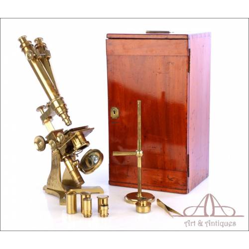 Gran Microscopio Binocular Antiguo Inglés. Inglaterra, Circa 1870