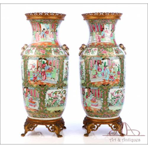 Antique Pair of Chinese Porcelain Vases. Rose Family. Circa 1900