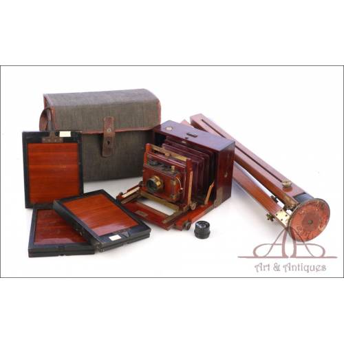 Complete Antique Photo Equipment with Two Lenses, Suitcase and Tripod. Circa 1900