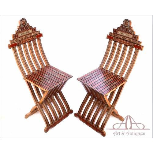 Antique Pair of Folding Chairs with Marquetry Work. Mid-20th Century