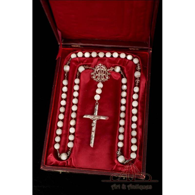 Antique Solid Silver Rosary and Mother-of-Pearl Beads. Circa 1900