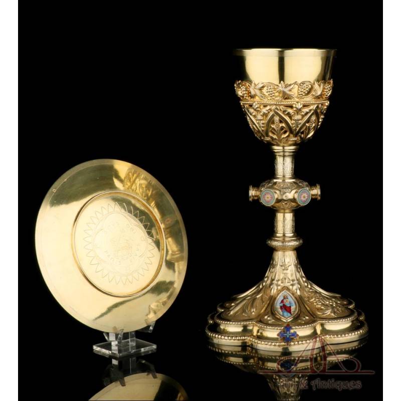 Antique Gilt-Silver Chalice with Enamels. 100% Silver. France, Circa 1900