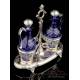 Antique Solid Silver and Cobalt Glass Cruet Set. France, 19th Century