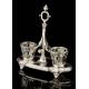 Antique Solid Silver and Cobalt Glass Cruet Set. France, 19th Century