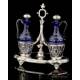 Antique Solid Silver and Cobalt Glass Cruet Set. France, 19th Century