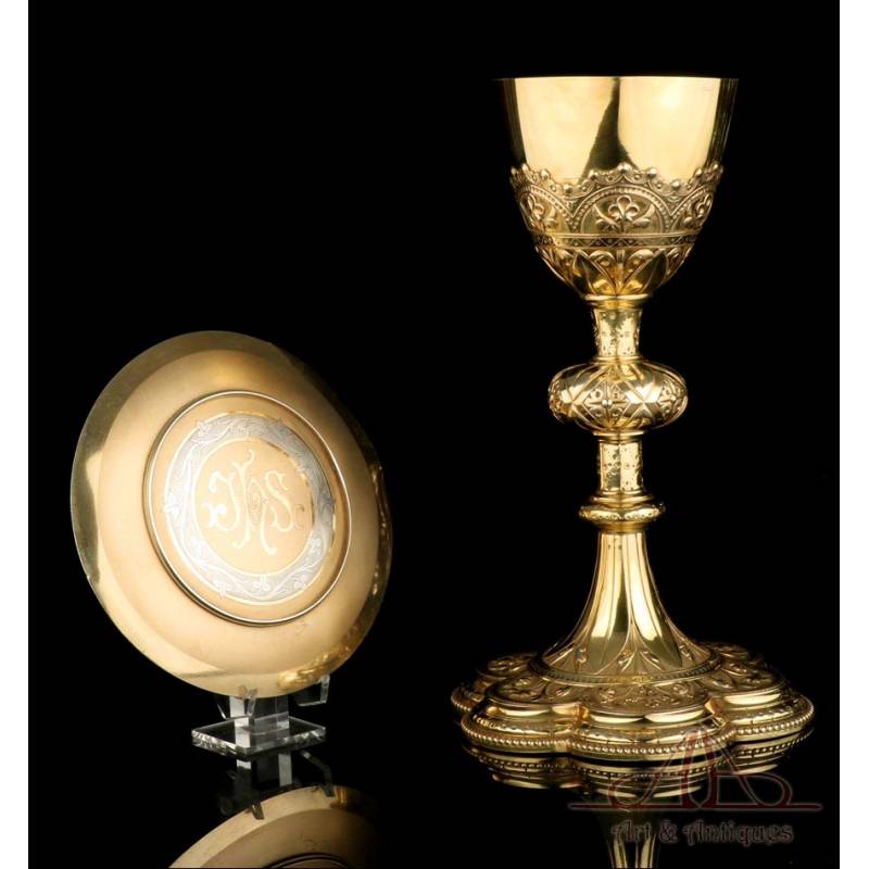 Antique Gilt Silver Chalice with Silver Paten. France, Circa 1900