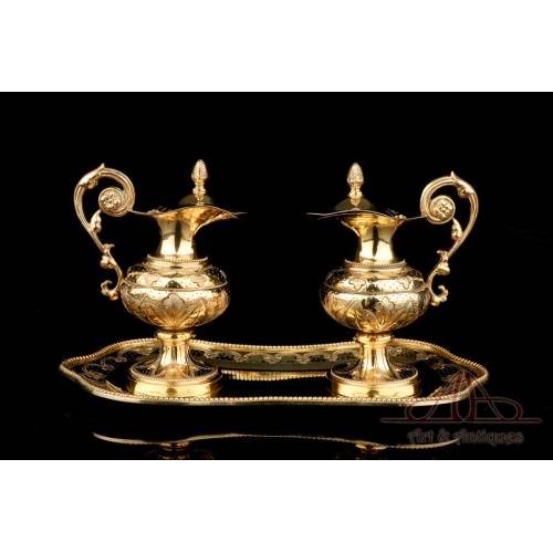 Antique Gilt Silver Cruet Set. France, 19th Century. 100% Silver