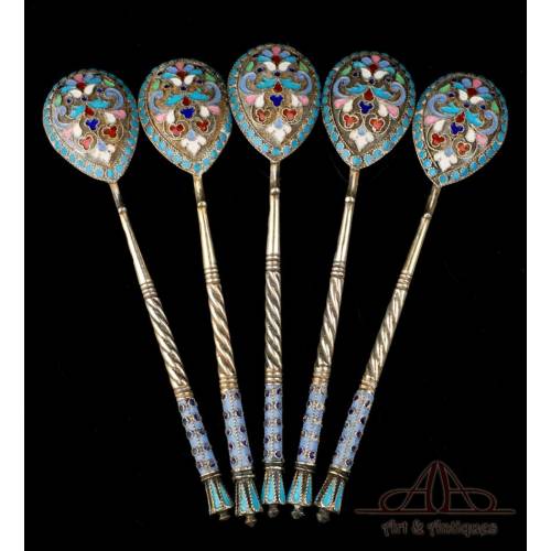 Set of 5 Enameled Russian-Silver Teaspoons. Russia, Circa 1900