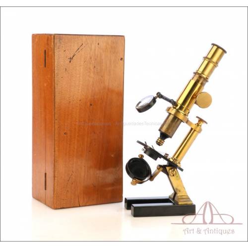 Antiguo y Raro Microscopio Compuesto. Francia, Circa 1900