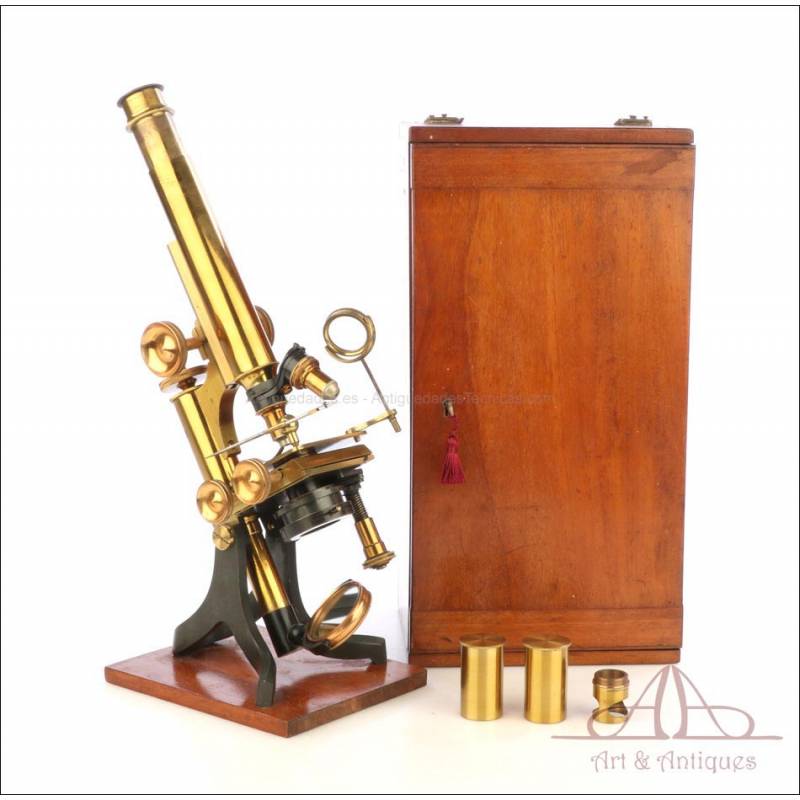 Antique English Compound Microscope. Mechanical Plate. England, Circa 1910