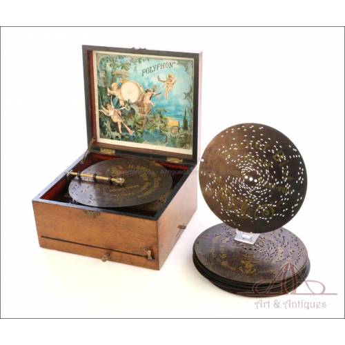 Antique Polyphon Music Box with 15 Disks. Switzerland, 19th Century