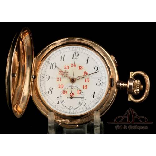 Antiguo Reloj de Bolsillo de Oro con Sonería a Minutos y Cronómetro. Suiza, Circa 1910