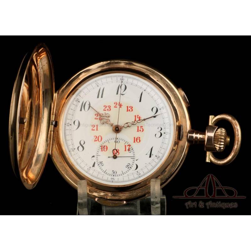 Antiguo Reloj de Bolsillo de Oro con Sonería a Minutos y Cronómetro. Suiza, Circa 1910