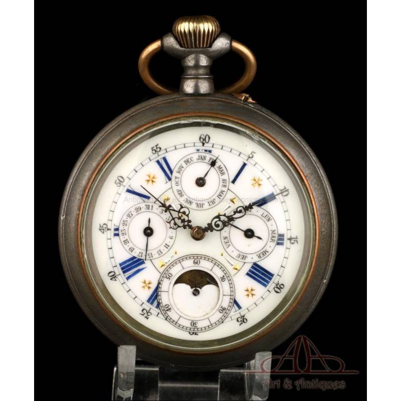 Rare Antique Pocket Watch with Calendar and Moon Phases. 67 mm. Switzerland, Circa 1890