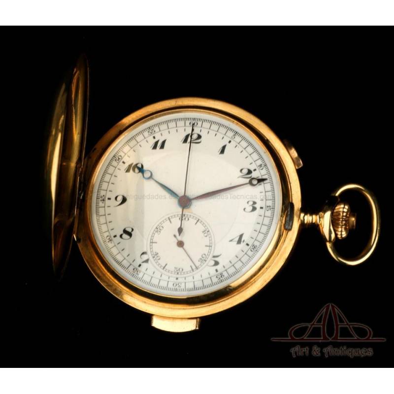 Antiguo Reloj de Bolsillo Oro 18K. Repetición a Minutos y Cronómetro. Suiza, Circa 1910