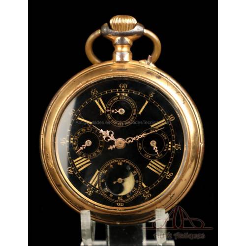Rare Antique Pocket Watch with Calendar and Moon Phases. 64 mm. Switzerland, Circa 1890