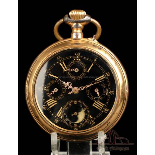 Raro Reloj de Bolsillo Antiguo con Calendario y Fases Lunares. 64 mm. Suiza, circa 1890