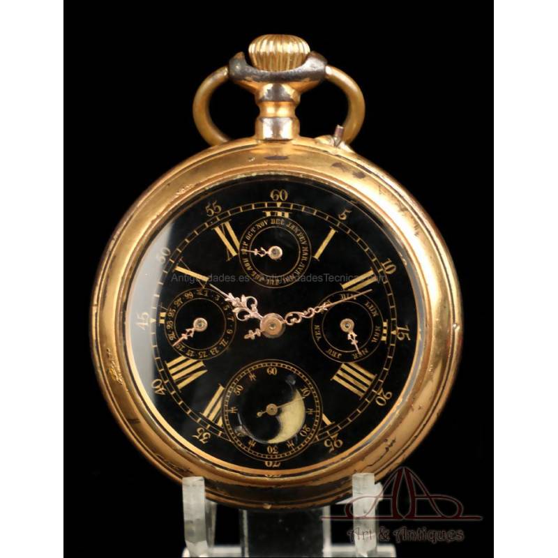 Rare Antique Pocket Watch with Calendar and Moon Phases. 64 mm. Switzerland, Circa 1890