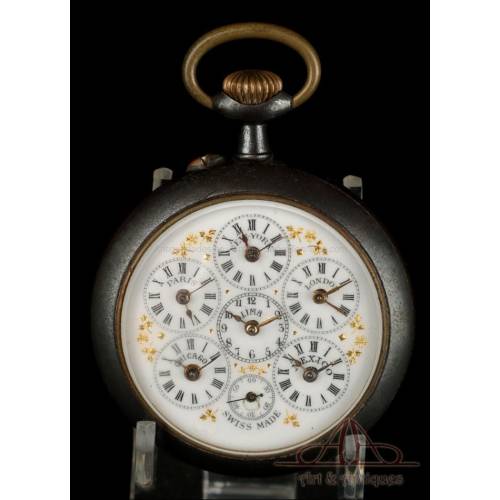Antique Multi Time Zone Pocket Watch. 6 Dials. Switzerland, Circa 1890