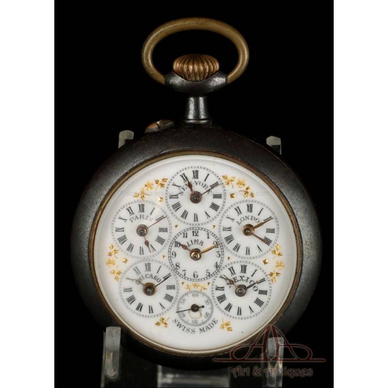 Antiguo Reloj de Bolsillo Multi-Horario con 6 diales. Suiza, 1890