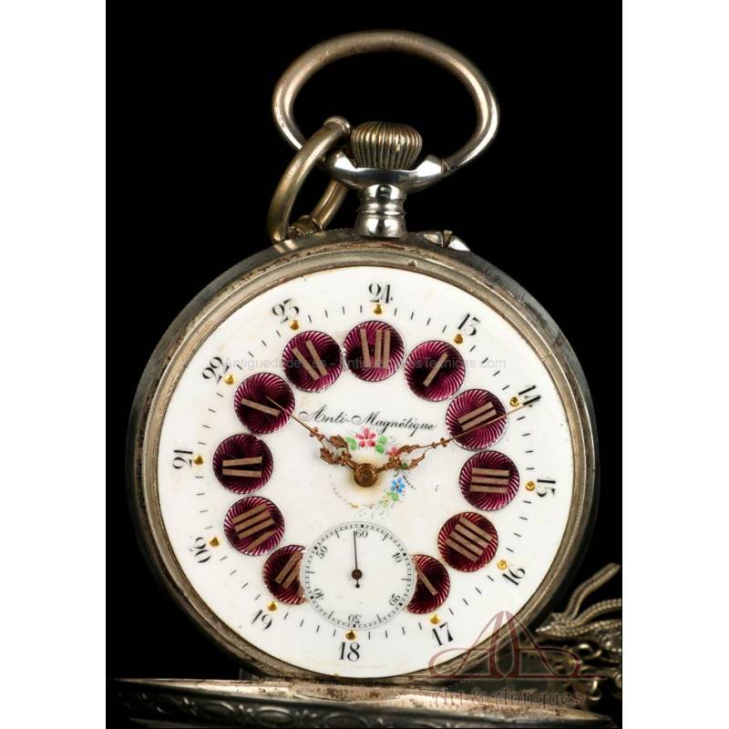 Antiguo Reloj de Bolsillo de Plata. 76 mm Diámetro. Suiza-Alemania, Circa 1900