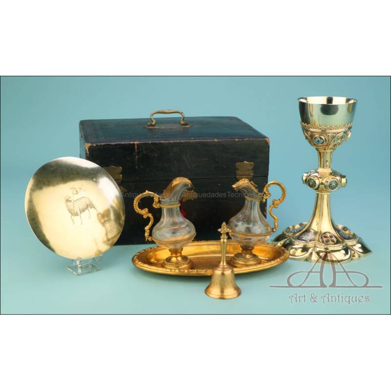 Amazing Eucharistic Set with Silver Enameled Chalice and Cruets. France, 1900