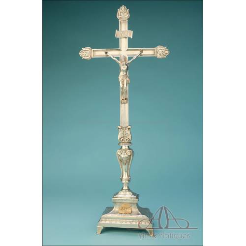 Silver-Plated Metal Crucifix or Altar Cross. 19th Century