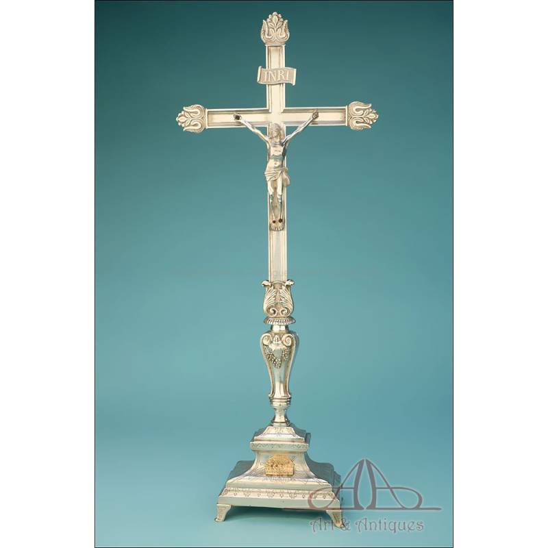 Silver-Plated Metal Crucifix or Altar Cross. 19th Century