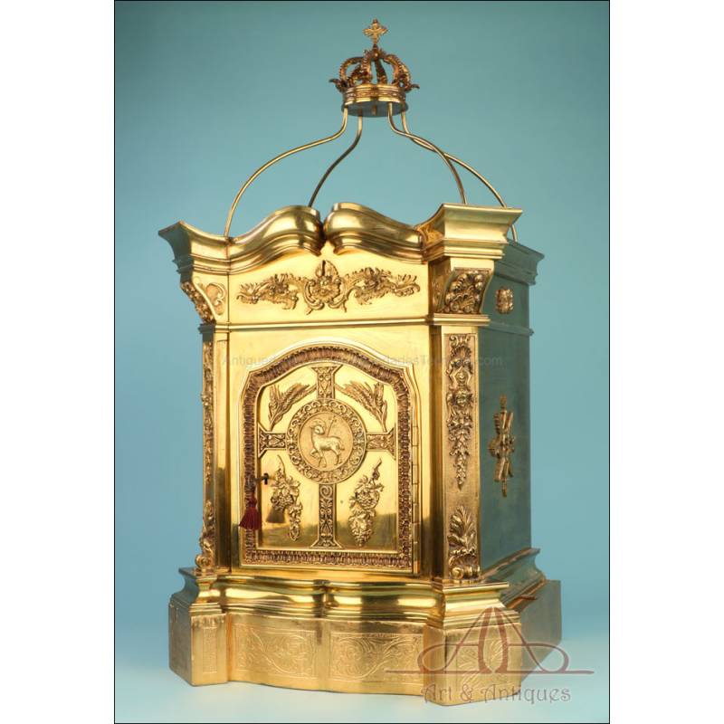 Large Bronze Tabernacle with Gilt Wooden Pedestal. 37.8 in. Circa 1950