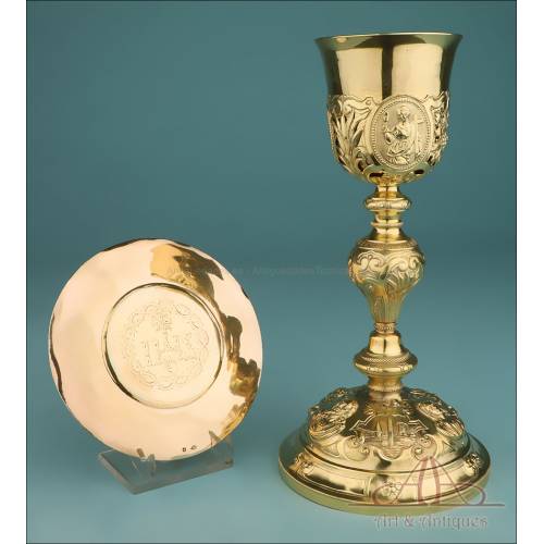 Antique Gilt-Silver Chalice and Paten Set. 100% Silver. France, Circa 1900